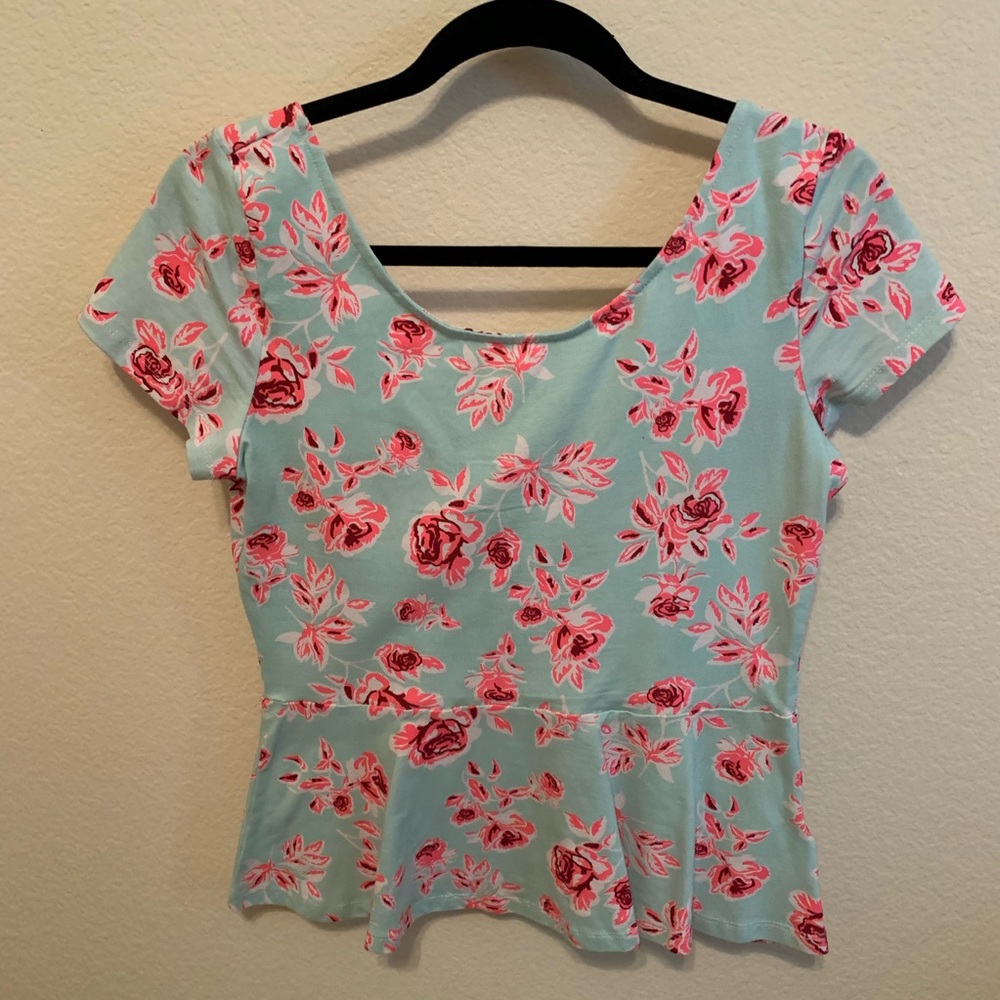 H&M Mint Green & Neon Pink Floral Round Neck Short Sleeve Peplum Top Medium